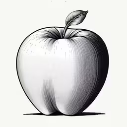 a black and white drawing of an apple,a stylized apple with a leaf on it