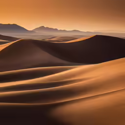 a desert with sand dunes and mountains in the background