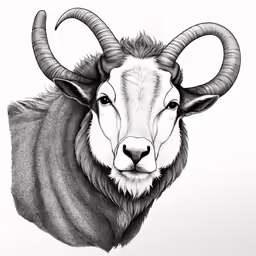 a goat with large horns that are standing