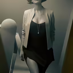 woman in black and white dress walking with vase