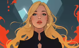a drawing of a blond haired lady with blue eyes
