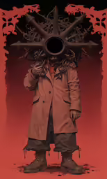a person in a long coat holding up a black object with its mouth