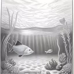 a painting with an underwater scene with corals and a fish