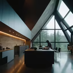 a person looking out a large glass window in a kitchen