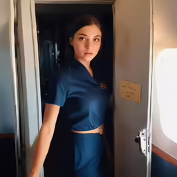 an airline flight attendant in the doorway to the plane