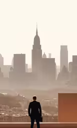 the man in the suit stands on the edge of a high building looking over a city