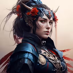 a female knight character dressed in black and red clothing
