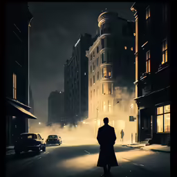 a man in long coat looking up at dark buildings and fog