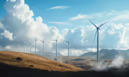 a herd of cattle grazing next to wind turbines on top of a hill