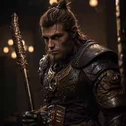 a man in leather clothing holding a long knife