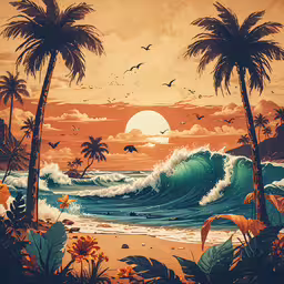 a painting of a beach and palm trees in front of an orange sky,a painting of a sunset in the ocean with a tropical beach scene