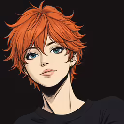 a person wearing black with orange hair and blue eyes