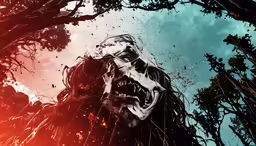 a monster attacking through the air surrounded by trees