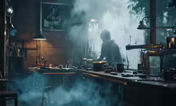 smoke and steam in a kitchen being used as a prop for cooking