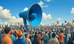 a large group of people gathered outside a blue speaker