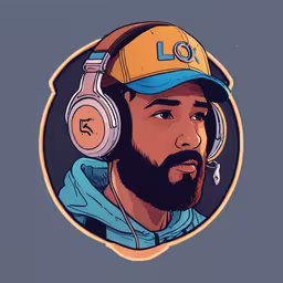 a stylized image of a bearded man in headphones,the head shot of an illustration of a man with headphones