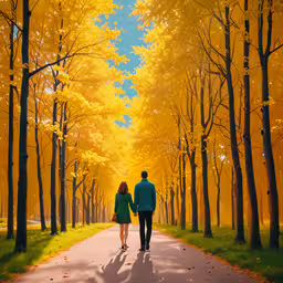 two people walking in the middle of a pathway, near trees with yellow leaves,a man and woman walking down a tree lined road