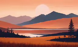 this is a painting of sunset with mountains and the sun setting,a painting of mountains and pine trees are in the foreground as the sun sets