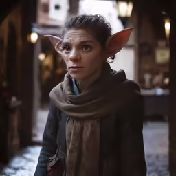 woman with elf ears in a city setting