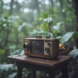 a brown vintage tv set sitting on a wooden table in a forest