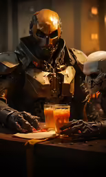 an armorman sitting at a table with a drink