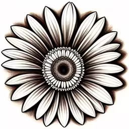 an artistic illustration of a black and white flower,the white daisy flower is shown with a brown center,a drawing of a flower with a very detailed center,the top side of a white and black flower,a drawing of a flower is shown