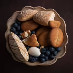 a bowl with pastries and bread on top of it