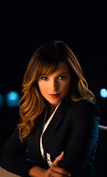 a woman posing for a photo in front of lights