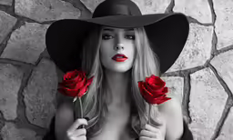 a woman wearing a black hat with two roses in her hand