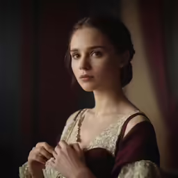 a woman in a dress and dress is looking into the camera