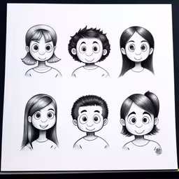 several drawings of people with different hair types,six faces with different hairs and expressions in black and white