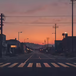 an empty street with a building and sunset in the background