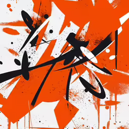 abstract paint splatters are painted on an orange and white wall