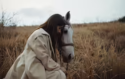 a woman sits next to a horse as it stares at the camera