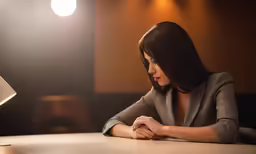 a woman is at a desk with her hand in the corner of her lap
