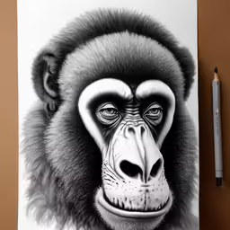 a gorilla head drawing on paper with a pencil
