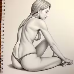 a pencil drawing of a young woman in her underwear,a drawing of a naked girl with hair up