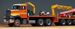 a large truck with a crane attached to the trailer,a yellow truck with trucks sitting in the background