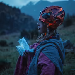 a woman standing in the grass wearing a helmet and holding something