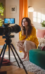 a woman sitting on the floor while looking at something