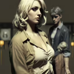 two people standing together with one person behind the woman