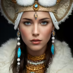 a female figure in a fur jacket and elaborate jewellery
