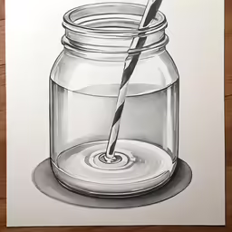 a drawing of a jar filled with water and a single toothbrush