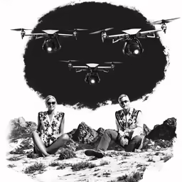 two women sitting in the desert under black lights, while a djibes flies overhead