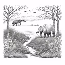 a drawing shows two elephants walking through some trees,elephants in the water and some birds flying overhead