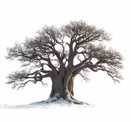 a big tree on snow covered ground in the middle of winter