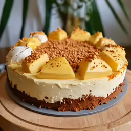 a cake with different toppings on top sitting on a plate