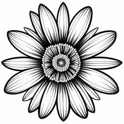 a flower that is made up of lines,an illustration of a sunflower in black and white,a sunflower in black and white with an artistic spiral,a black and white flower with petals on the petals,an abstract flower in black and white with a large center
