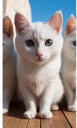 three white kittens sitting next to each other on a wooden floor