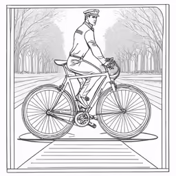 a man in uniform riding a bicycle through the park